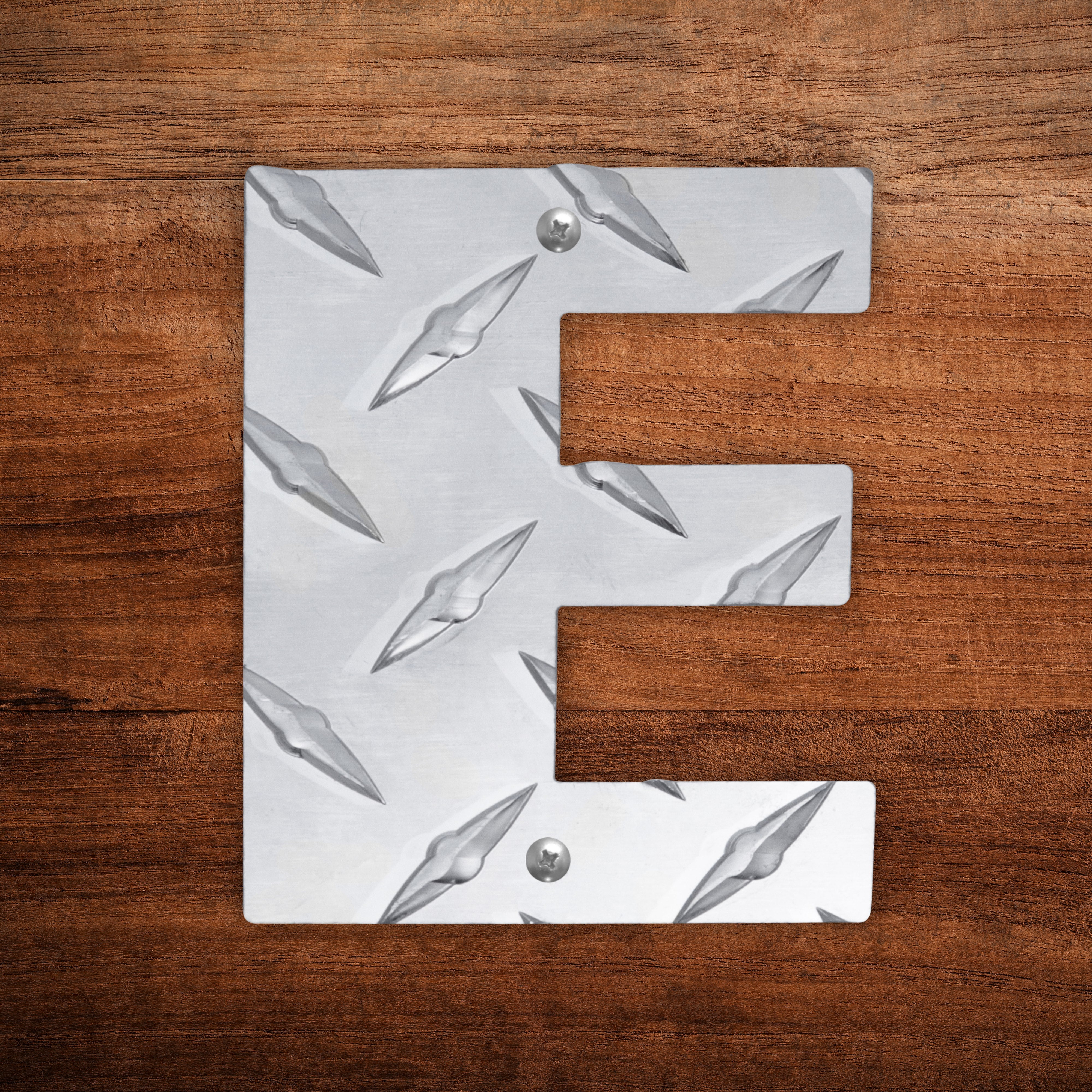 Letter E Hanging Metal Wall Decor Durable Polished Aluminum Diamond Tread Pattern Indoor Outdoor with Mounting Hardware 4 Inches Tall