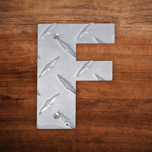 Letter F Hanging Metal Wall Decor Durable Polished Aluminum Diamond Tread Pattern Indoor Outdoor with Mounting Hardware 4 Inches Tall