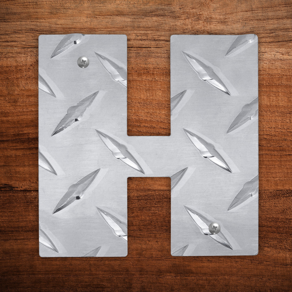 Letter H Hanging Metal Wall Decor Durable Polished Aluminum Diamond Tread Pattern Indoor Outdoor with Mounting Hardware 4 Inches Tall