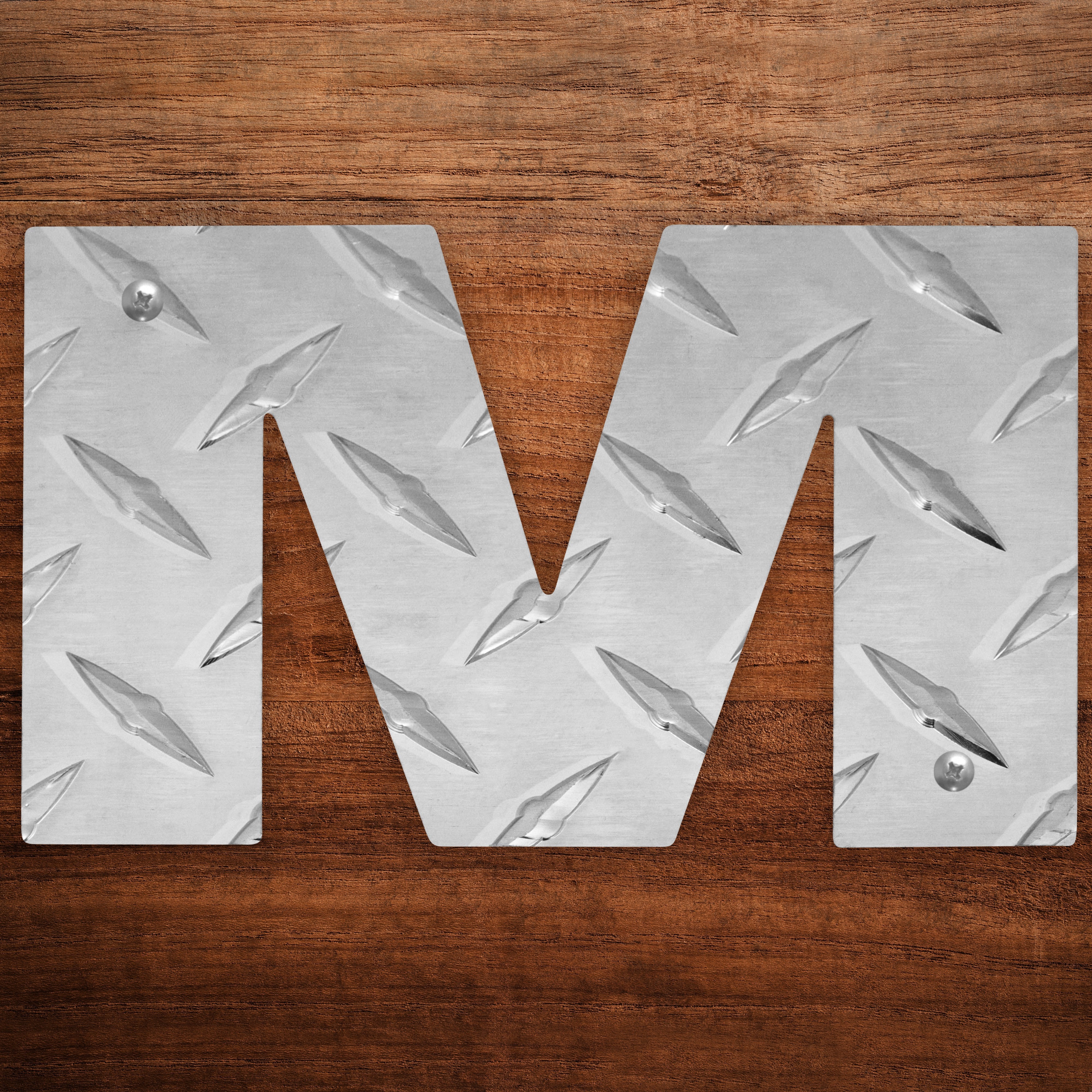 Letter M Hanging Metal Wall Decor Durable Polished Aluminum Diamond Tread Pattern Indoor Outdoor with Mounting Hardware 4 Inches Tall