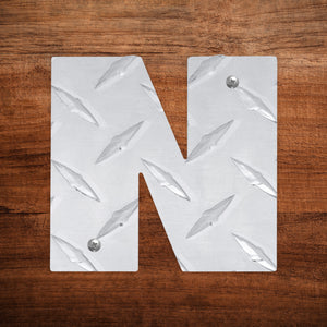 Letter N Hanging Metal Wall Decor Durable Polished Aluminum Diamond Tread Pattern Indoor Outdoor with Mounting Hardware 4 Inches Tall