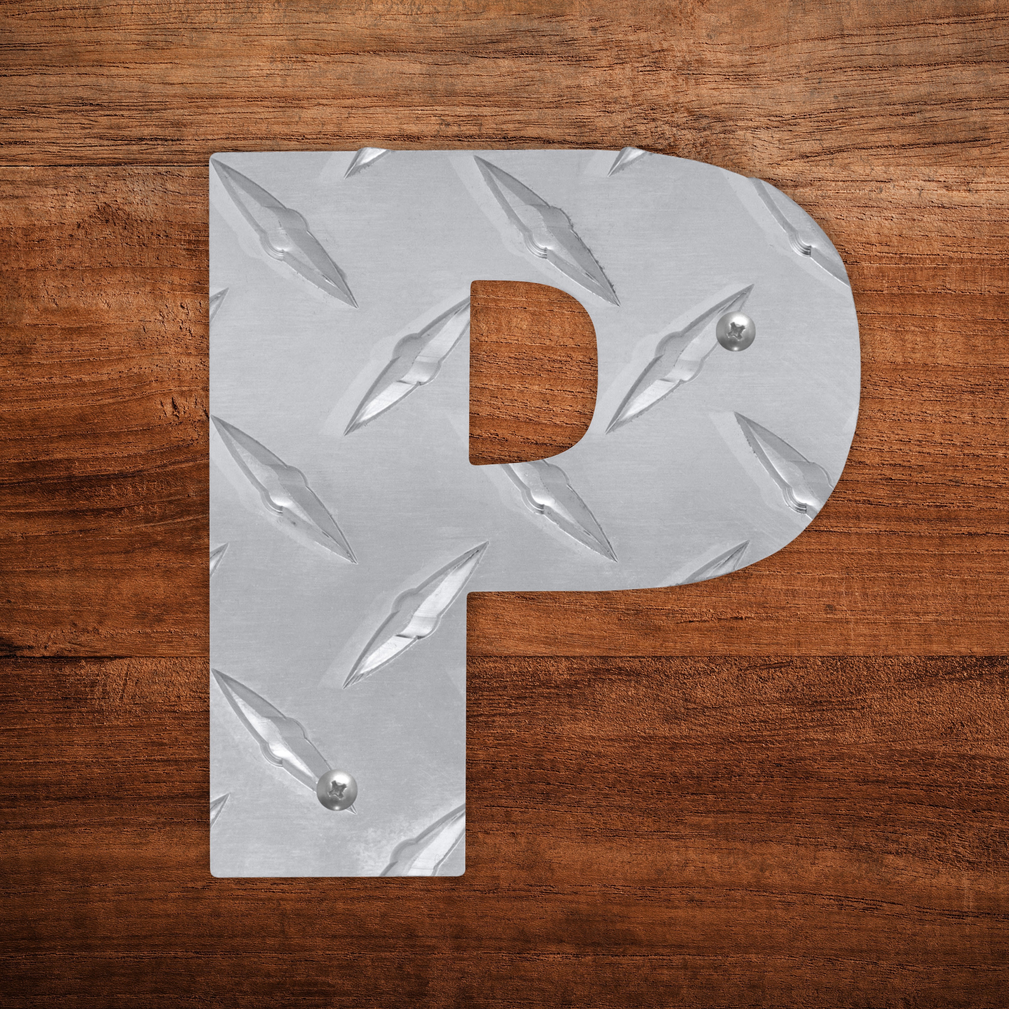 Letter P Hanging Metal Wall Decor Durable Polished Aluminum Diamond Tread Pattern Indoor Outdoor with Mounting Hardware 4 Inches Tall