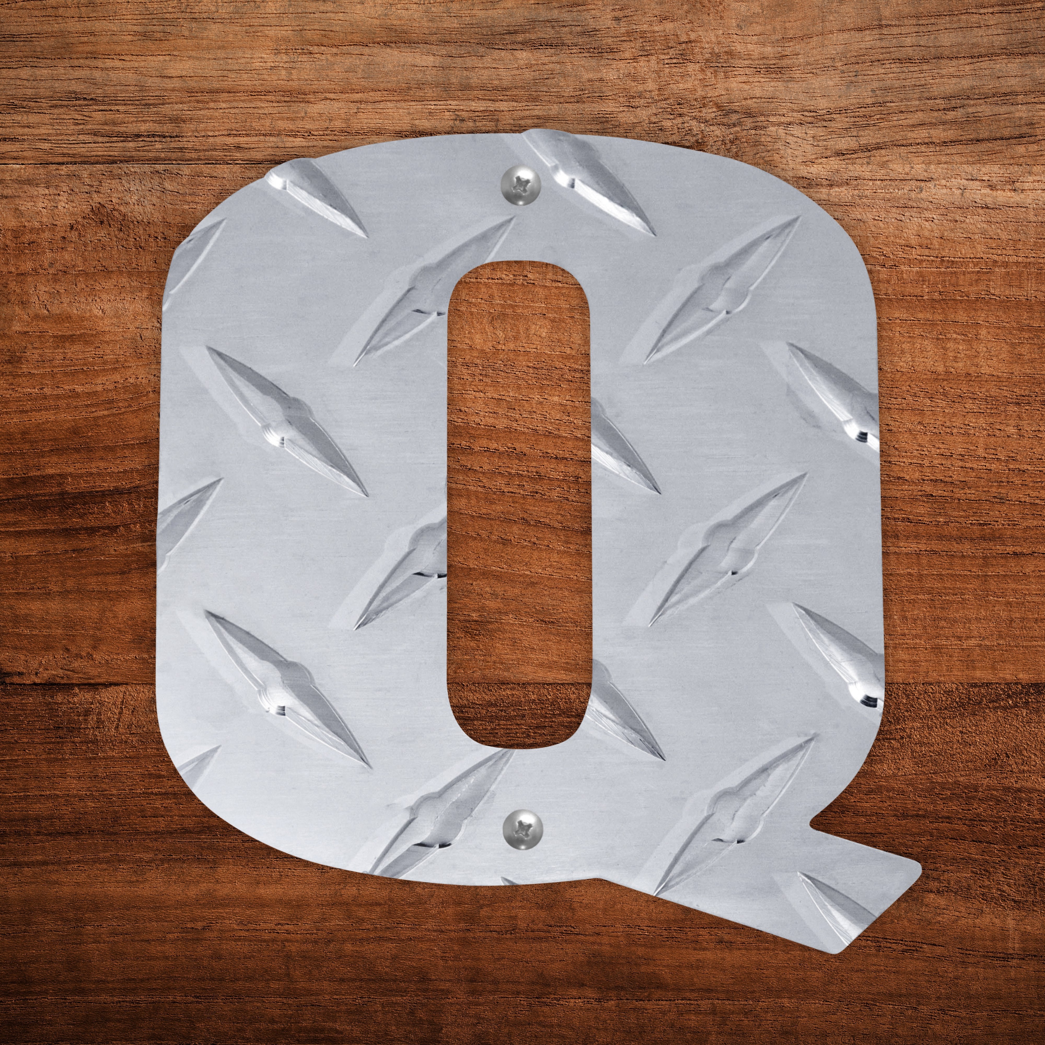 Letter Q Hanging Metal Wall Decor Durable Polished Aluminum Diamond Tread Pattern Indoor Outdoor with Mounting Hardware 4 Inches Tall