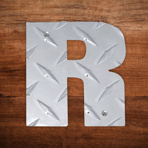 Letter R Hanging Metal Wall Decor Durable Polished Aluminum Diamond Tread Pattern Indoor Outdoor with Mounting Hardware 4 Inches Tall