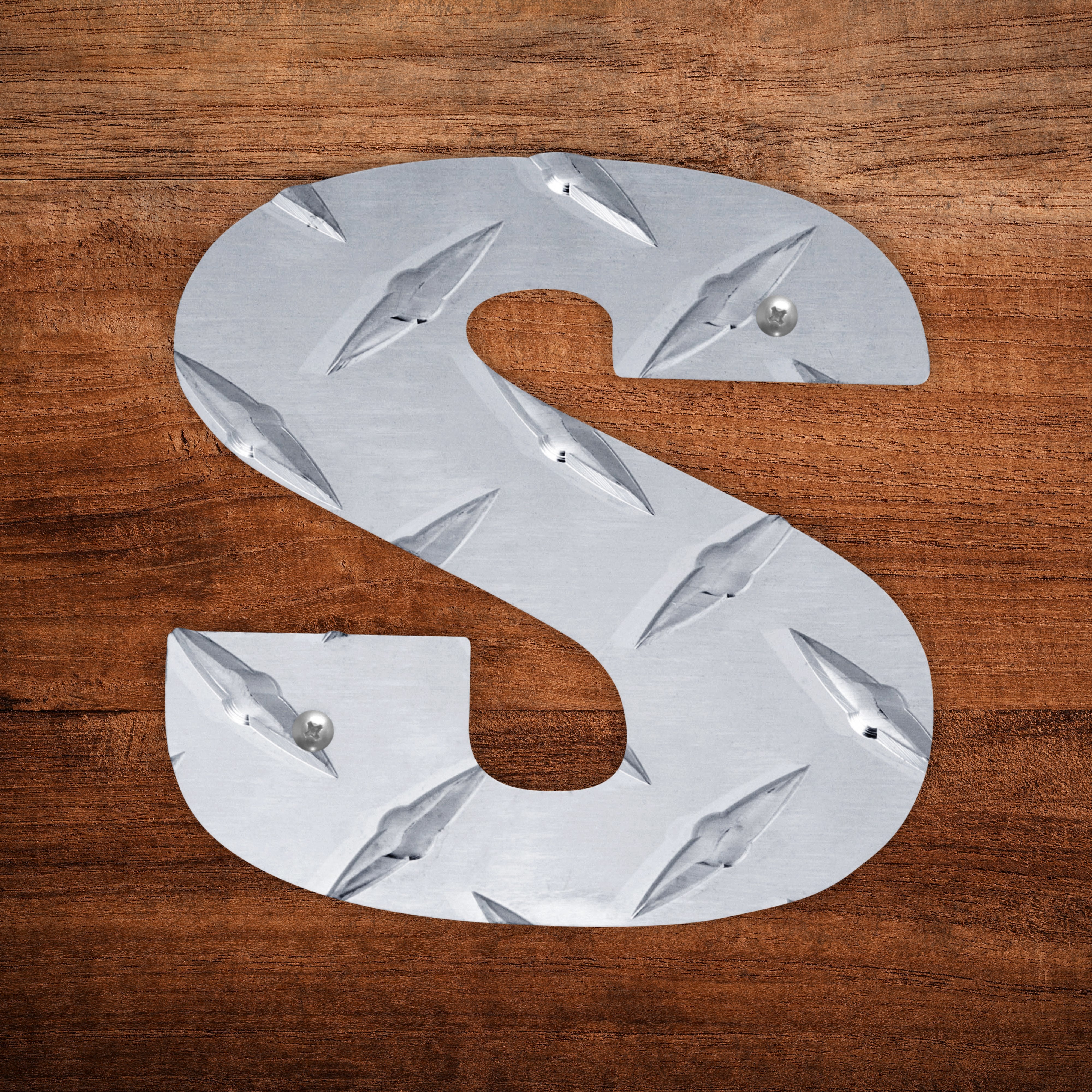 Letter S Hanging Metal Wall Decor Durable Polished Aluminum Diamond Tread Pattern Indoor Outdoor with Mounting Hardware 4 Inches Tall