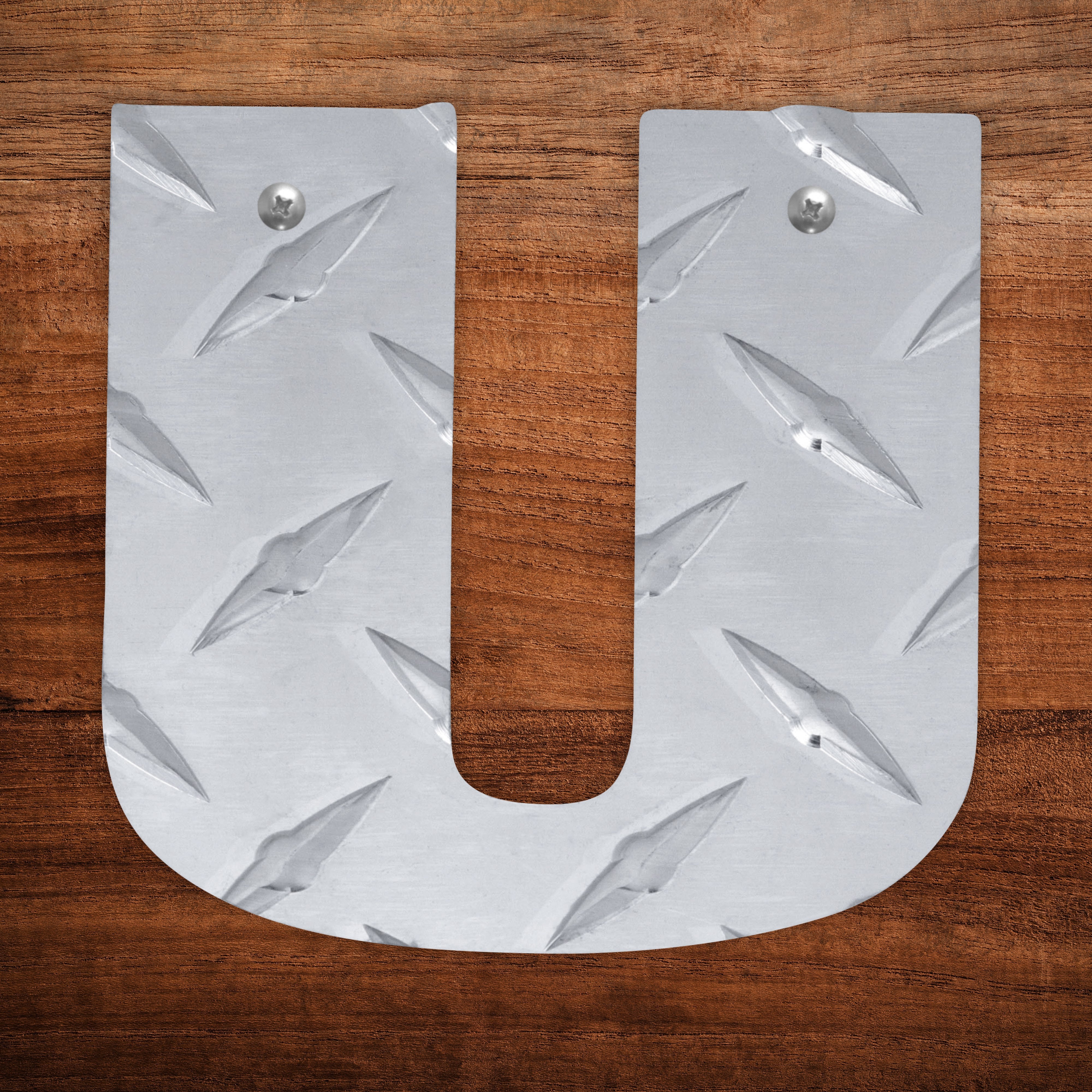 Letter U Hanging Metal Wall Decor Durable Polished Aluminum Diamond Tread Pattern Indoor Outdoor with Mounting Hardware 4 Inches Tall