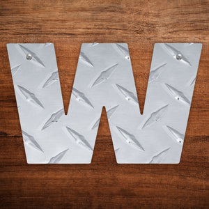Letter W Hanging Metal Wall Decor Durable Polished Aluminum Diamond Tread Pattern Indoor Outdoor with Mounting Hardware 4 Inches Tall