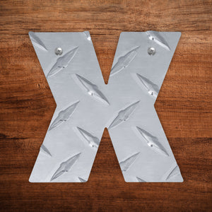 Letter X Hanging Metal Wall Decor Durable Polished Aluminum Diamond Tread Pattern Indoor Outdoor with Mounting Hardware 4 Inches Tall