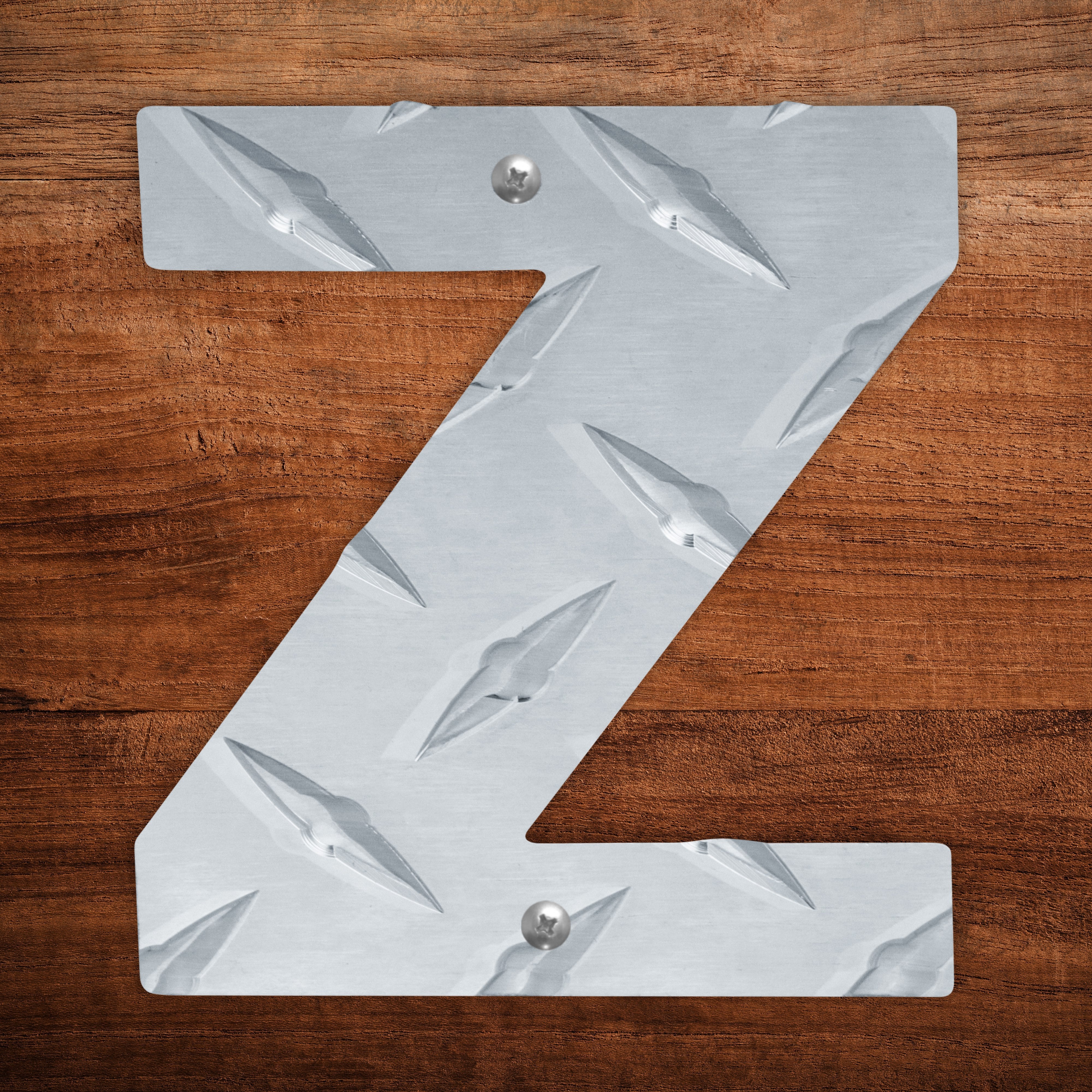 Letter Z Hanging Metal Wall Decor Durable Polished Aluminum Diamond Tread Pattern Indoor Outdoor with Mounting Hardware 4 Inches Tall