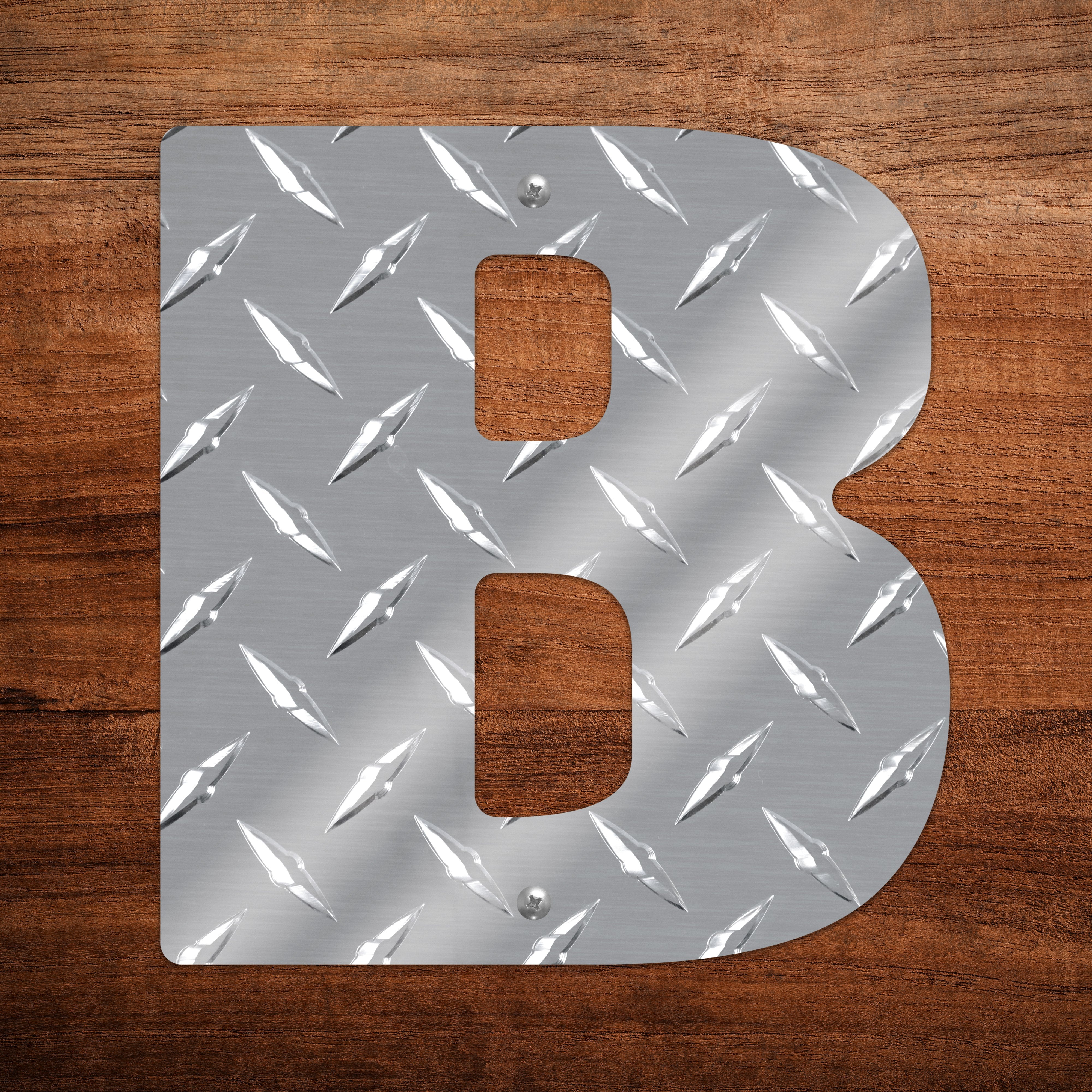 Letter B Hanging Metal Wall Decor Durable Polished Aluminum Diamond Tread Pattern Indoor Outdoor with Mounting Hardware 7 Inches Tall