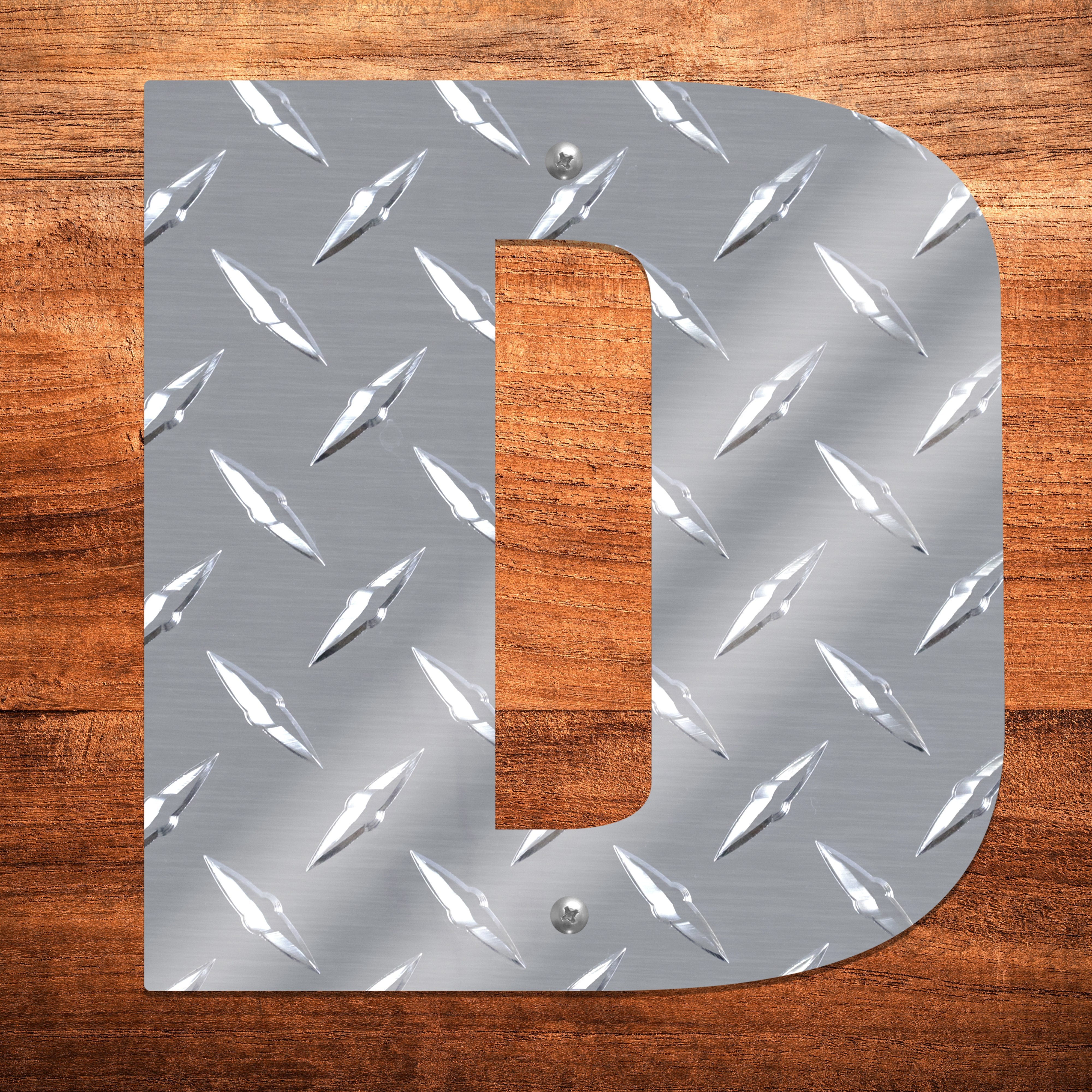 Letter D Hanging Metal Wall Decor Durable Polished Aluminum Diamond Tread Pattern Indoor Outdoor with Mounting Hardware 7 Inches Tall