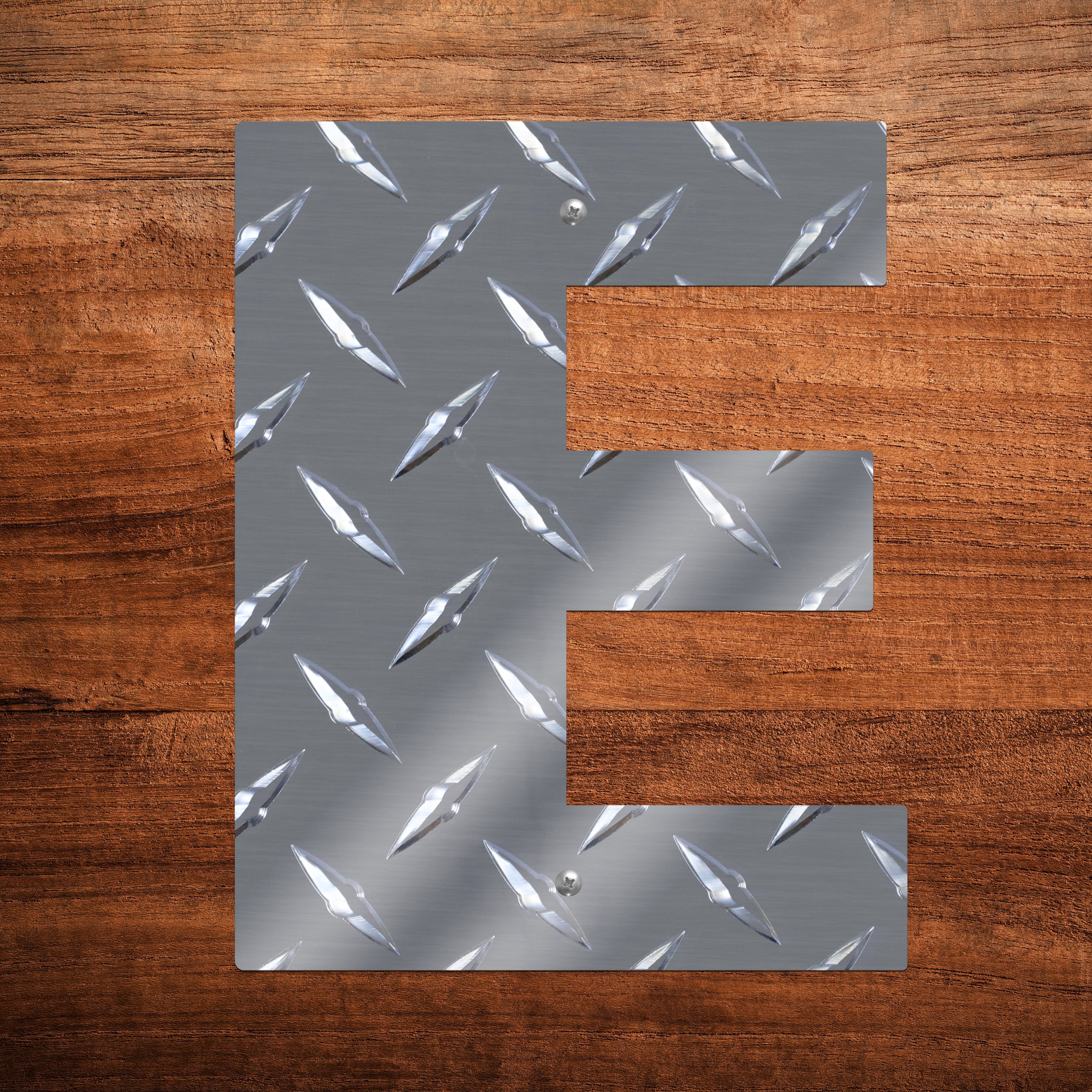 Letter E Hanging Metal Wall Decor Durable Polished Aluminum Diamond Tread Pattern Indoor Outdoor with Mounting Hardware 7 Inches Tall