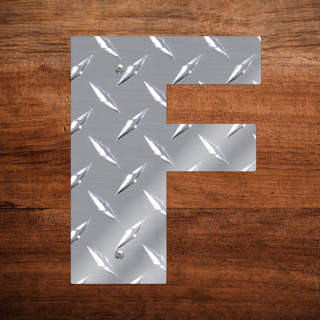 Letter F Hanging Metal Wall Decor Durable Polished Aluminum Diamond Tread Pattern Indoor Outdoor with Mounting Hardware 7 Inches Tall