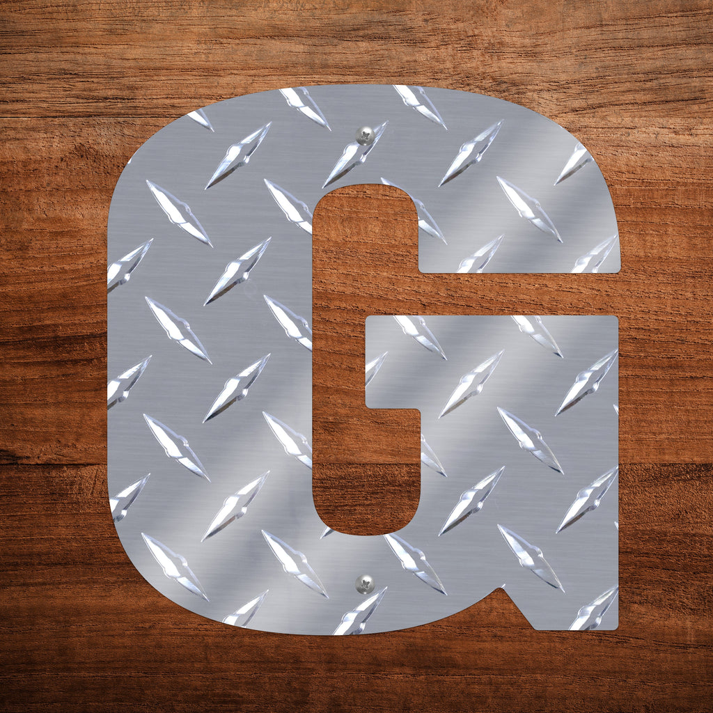 Letter G Hanging Metal Wall Decor Durable Polished Aluminum Diamond Tread Pattern Indoor Outdoor with Mounting Hardware 7 Inches Tall