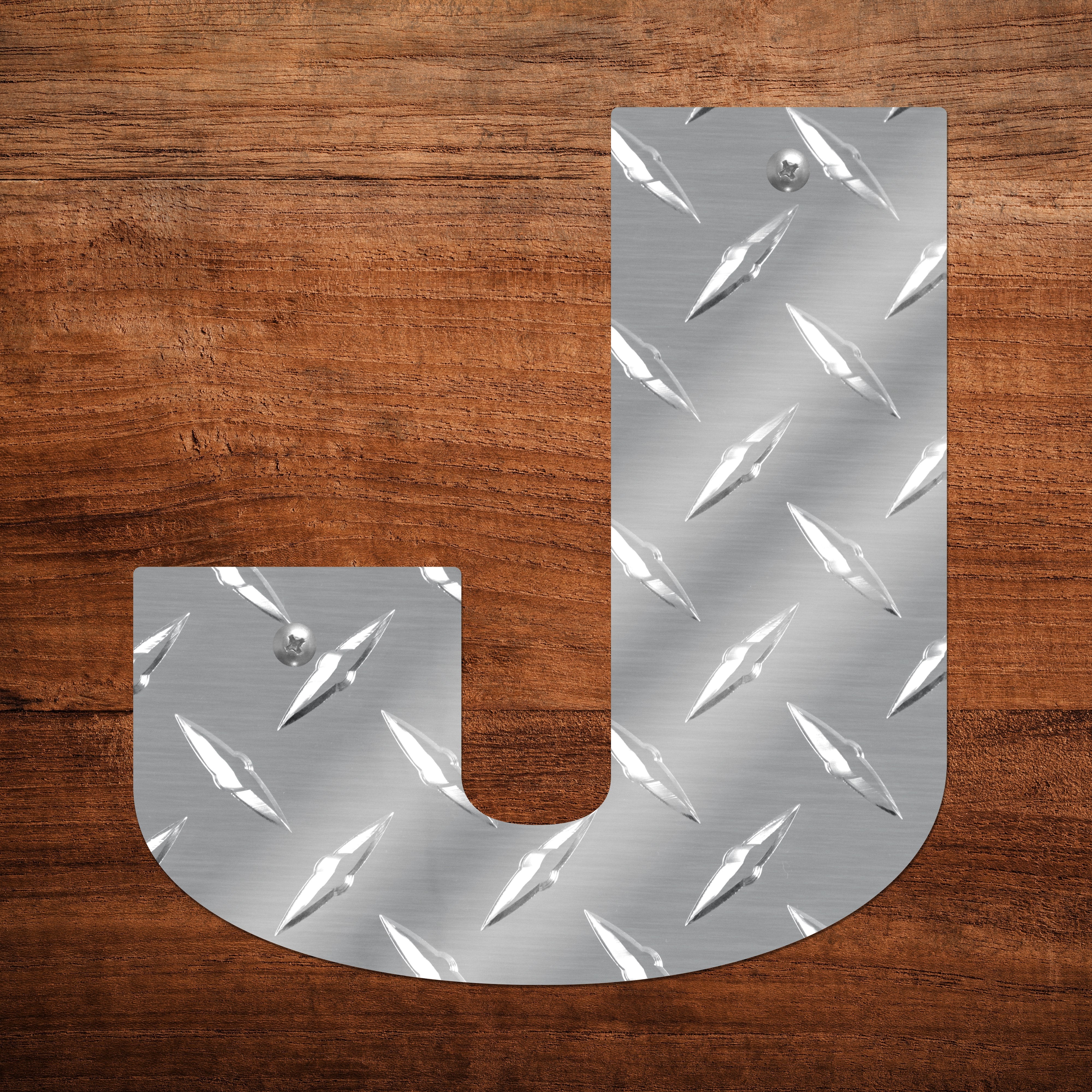 Letter J Hanging Metal Wall Decor Durable Polished Aluminum Diamond Tread Pattern Indoor Outdoor with Mounting Hardware 7 Inches Tall