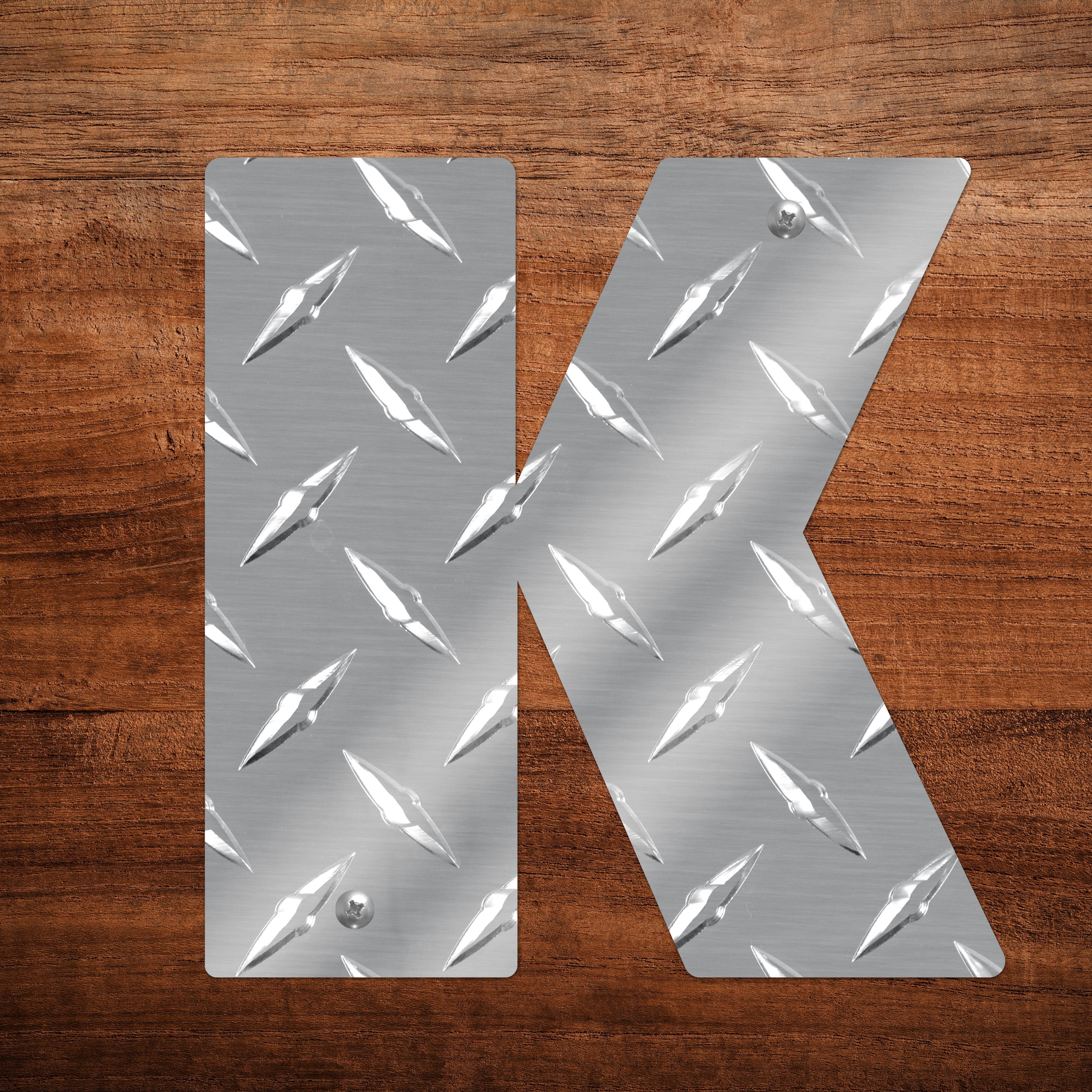 Letter K Hanging Metal Wall Decor Durable Polished Aluminum Diamond Tread Pattern Indoor Outdoor with Mounting Hardware 7 Inches Tall