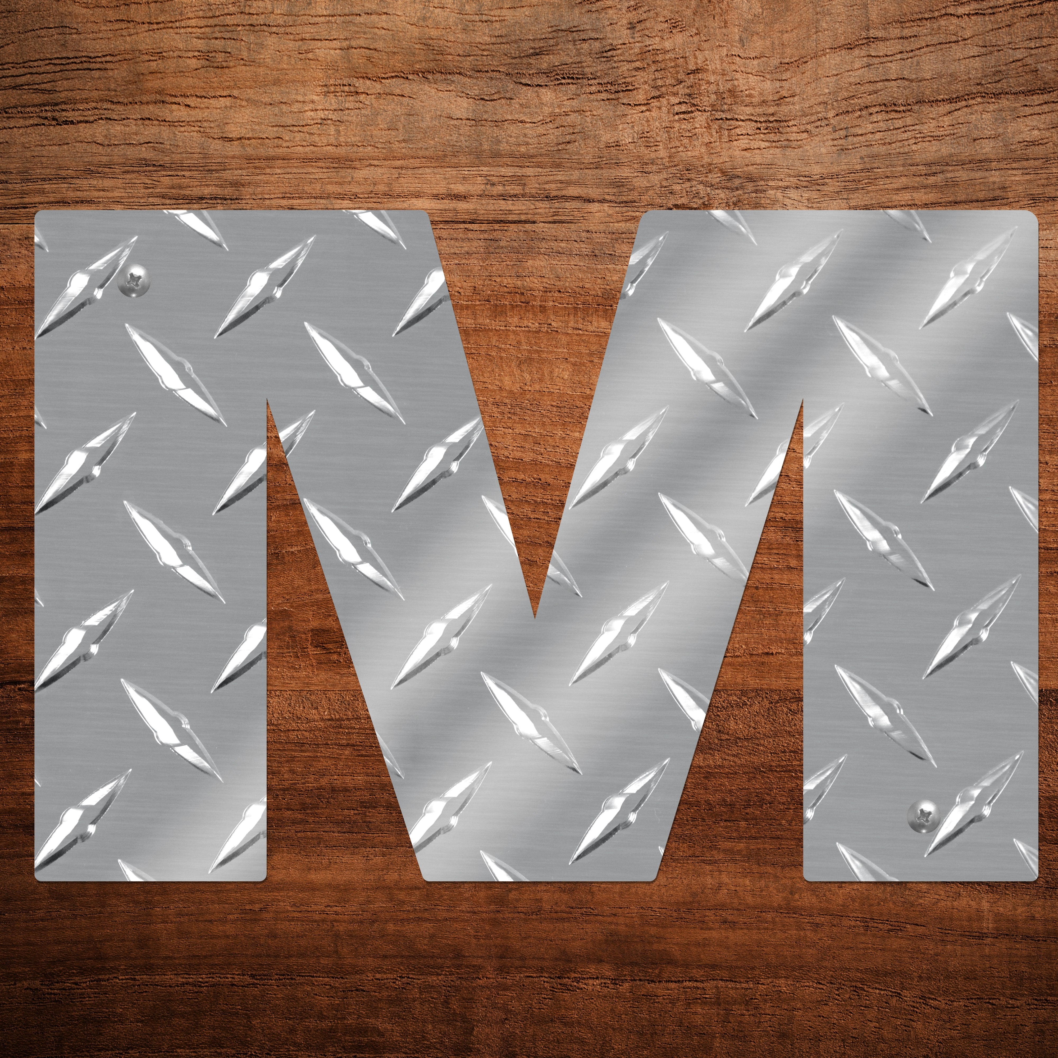 Letter M Hanging Metal Wall Decor Durable Polished Aluminum Diamond Tread Pattern Indoor Outdoor with Mounting Hardware 7 Inches Tall