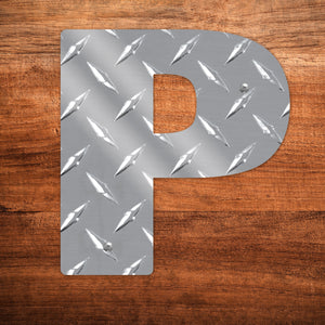 Letter P Hanging Metal Wall Decor Durable Polished Aluminum Diamond Tread Pattern Indoor Outdoor with Mounting Hardware 7 Inches Tall