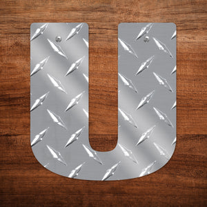 Letter U Hanging Metal Wall Decor Durable Polished Aluminum Diamond Tread Pattern Indoor Outdoor with Mounting Hardware 7 Inches Tall