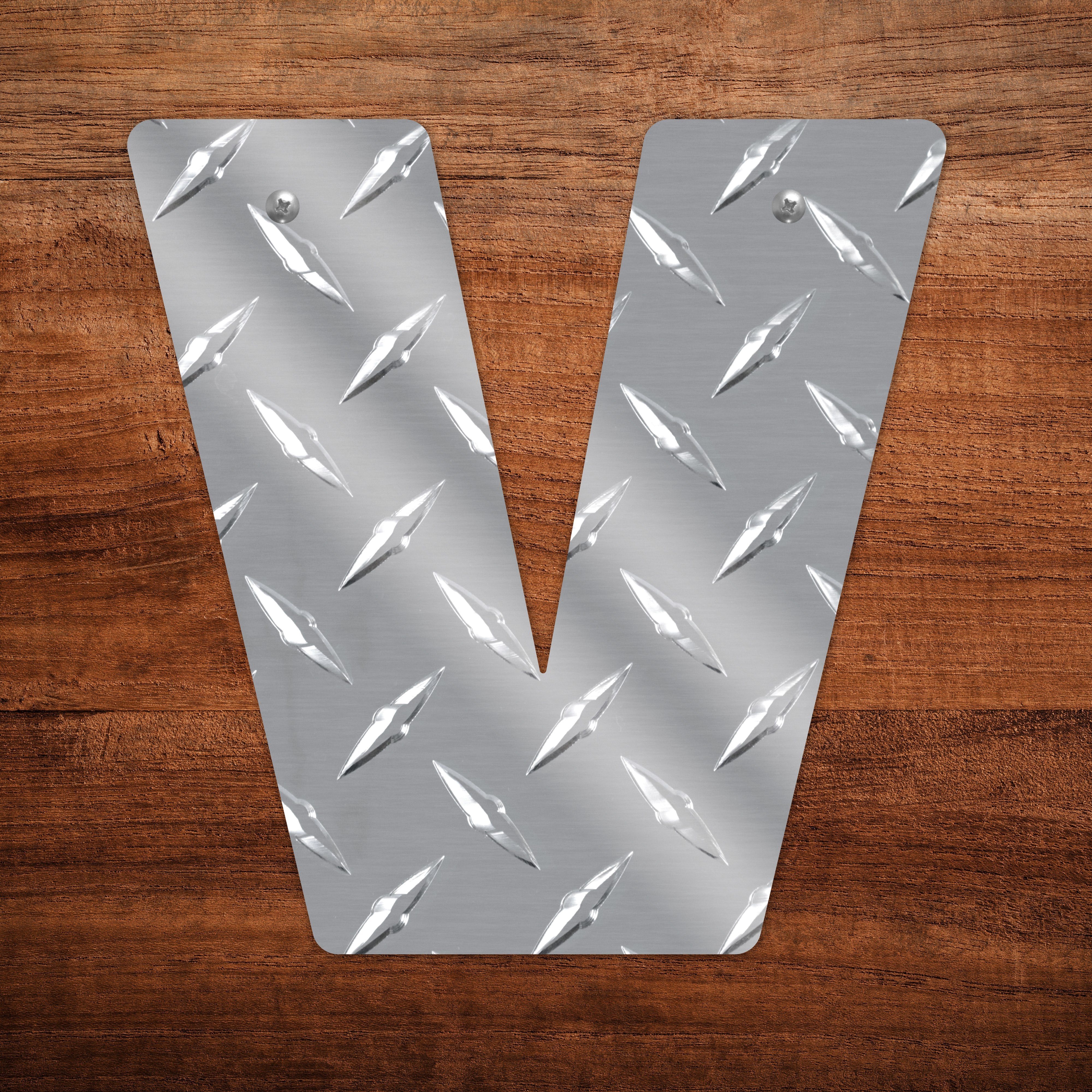 Letter V Hanging Metal Wall Decor Durable Polished Aluminum Diamond Tread Pattern Indoor Outdoor with Mounting Hardware 7 Inches Tall
