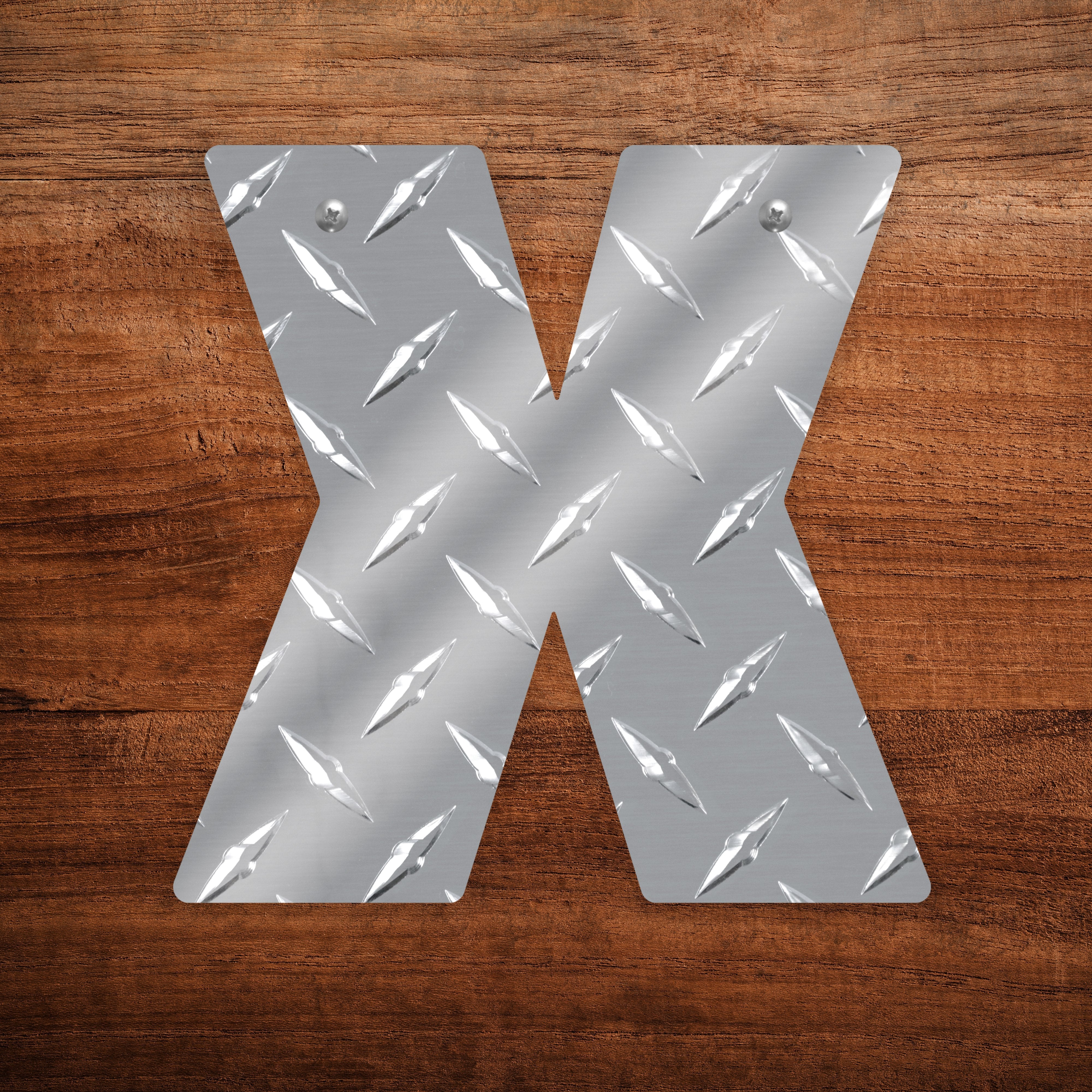 Letter X Hanging Metal Wall Decor Durable Polished Aluminum Diamond Tread Pattern Indoor Outdoor with Mounting Hardware 7 Inches Tall