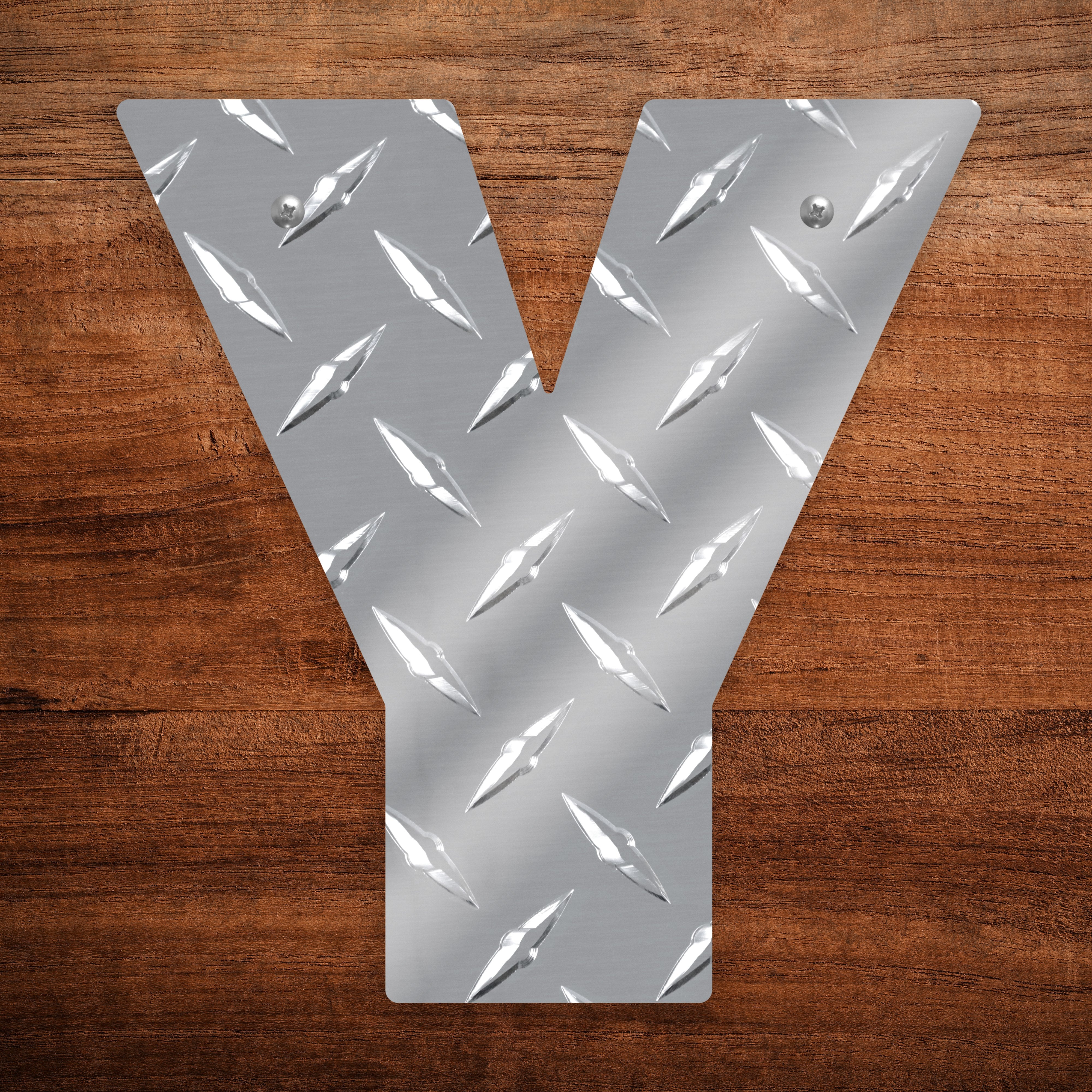 Letter Y Hanging Metal Wall Decor Durable Polished Aluminum Diamond Tread Pattern Indoor Outdoor with Mounting Hardware 7 Inches Tall