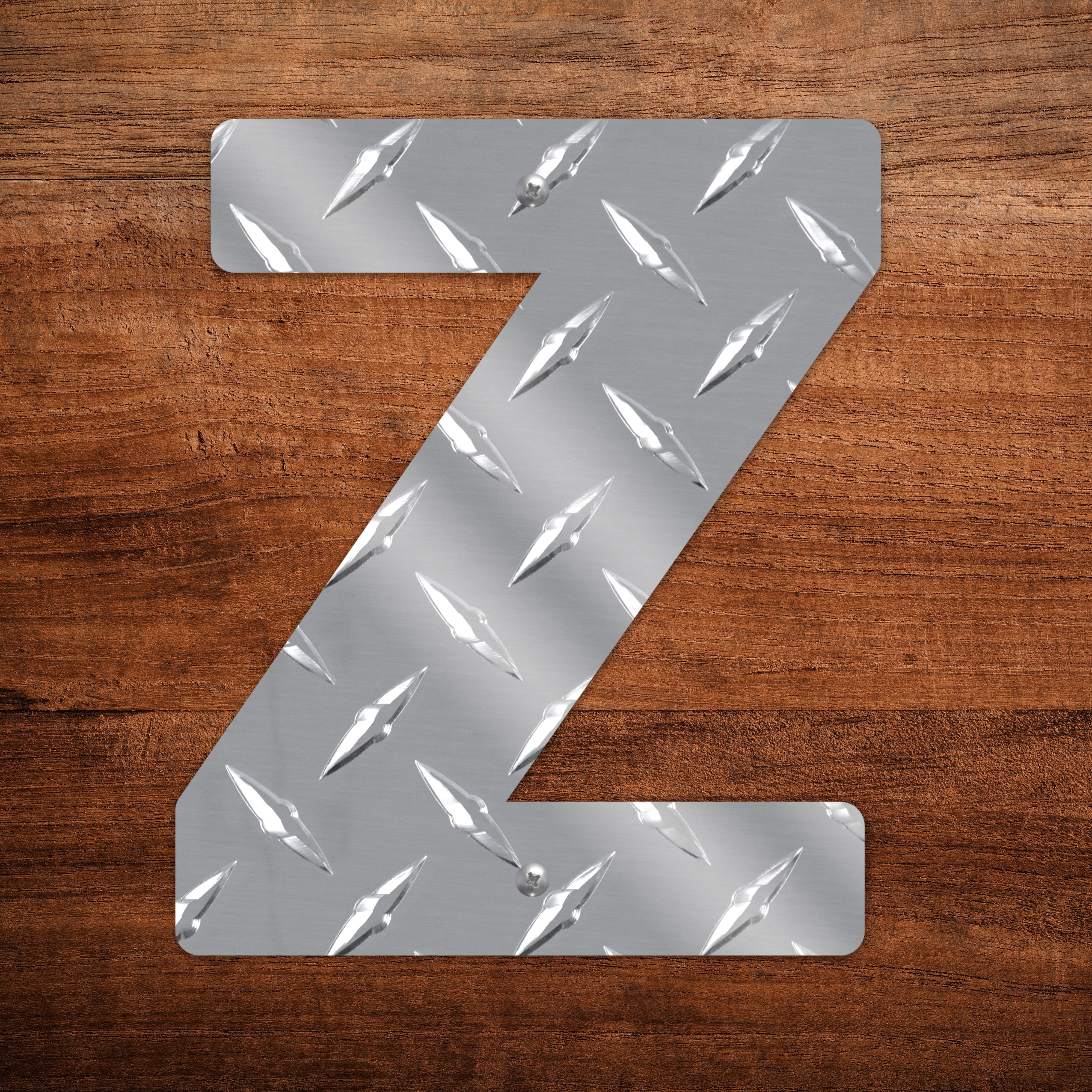 Letter Z Hanging Metal Wall Decor Durable Polished Aluminum Diamond Tread Pattern Indoor Outdoor with Mounting Hardware 7 Inches Tall