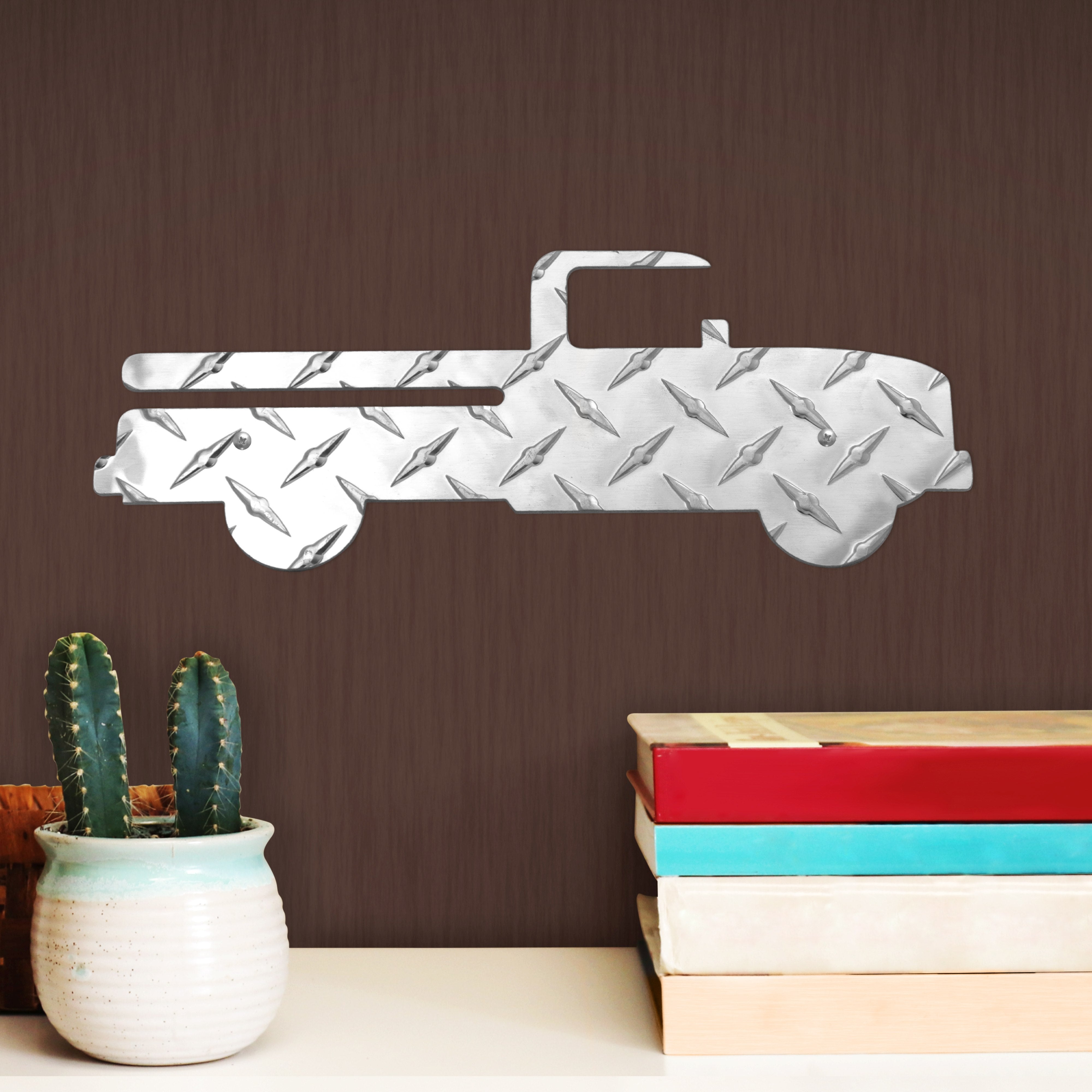 Pickup Truck Hanging Metal Wall Decor Durable Polished Aluminum Diamond Tread Pattern Indoor Outdoor with Mounting Hardware 12 Inches Long