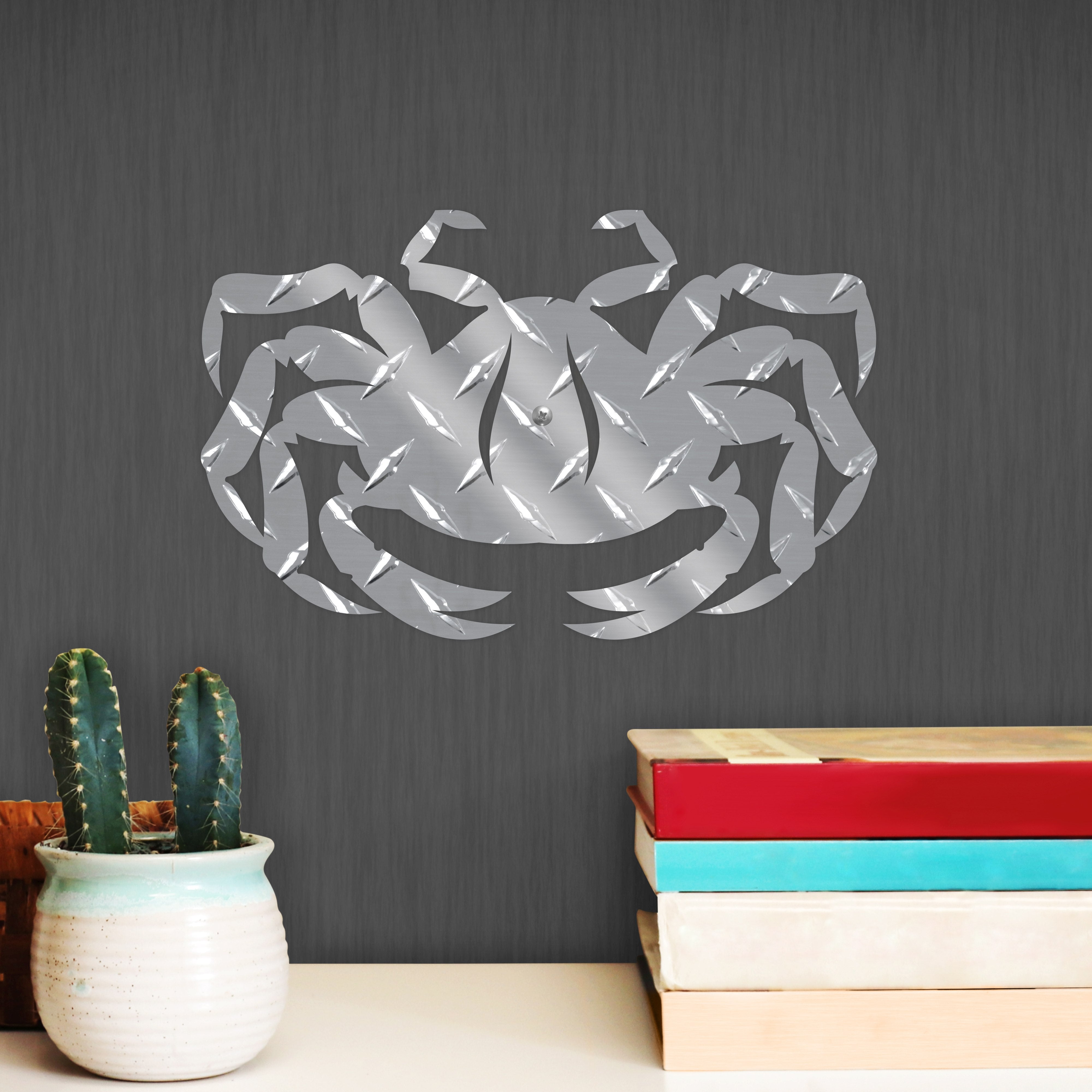Crab Hanging Metal Wall Decor Durable Polished Aluminum Diamond Tread Pattern Indoor Outdoor with Mounting Hardware 12 Inch Wide