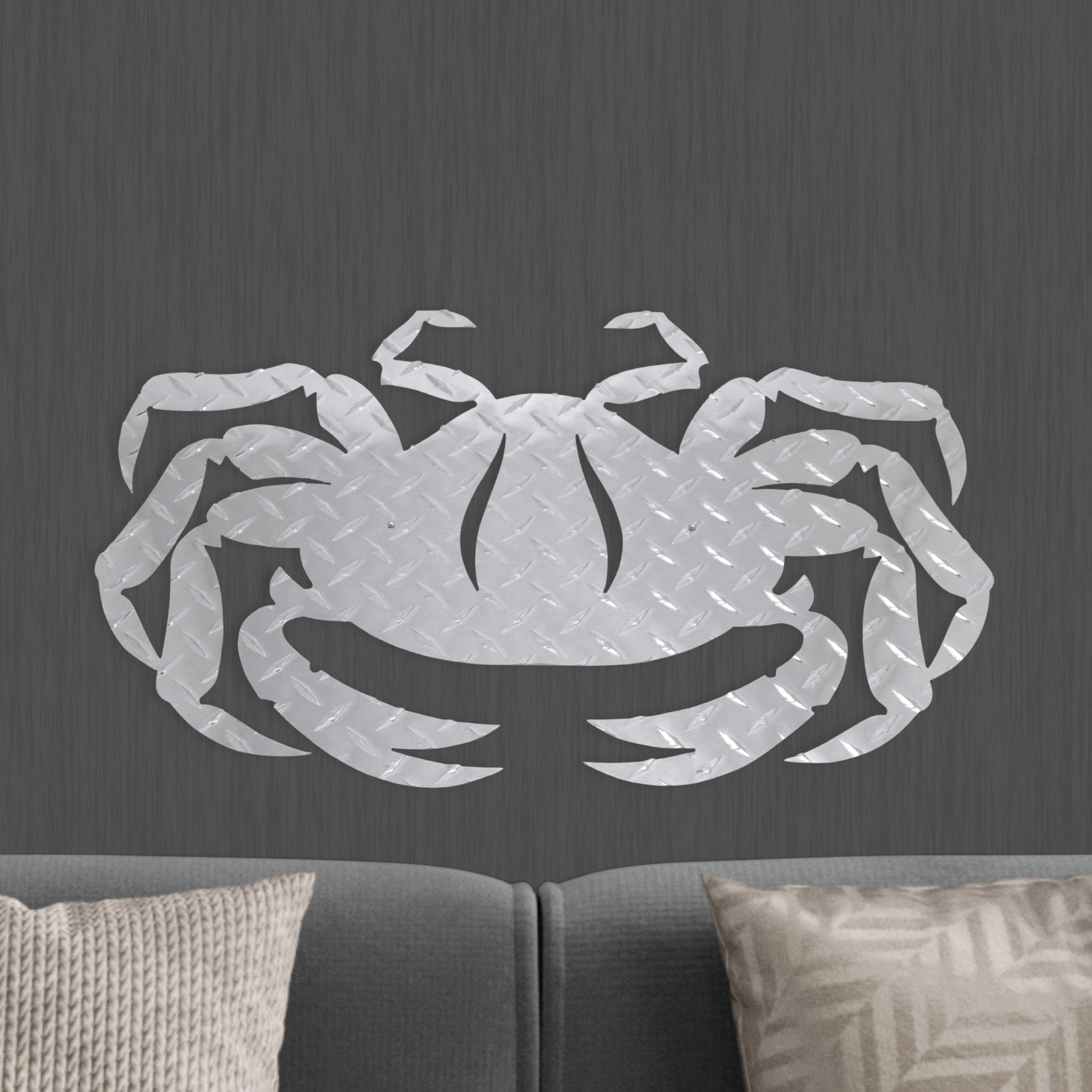 Crab Hanging Metal Wall Decor Durable Polished Aluminum Diamond Tread Pattern Indoor Outdoor with Mounting Hardware 2 Feet Wide