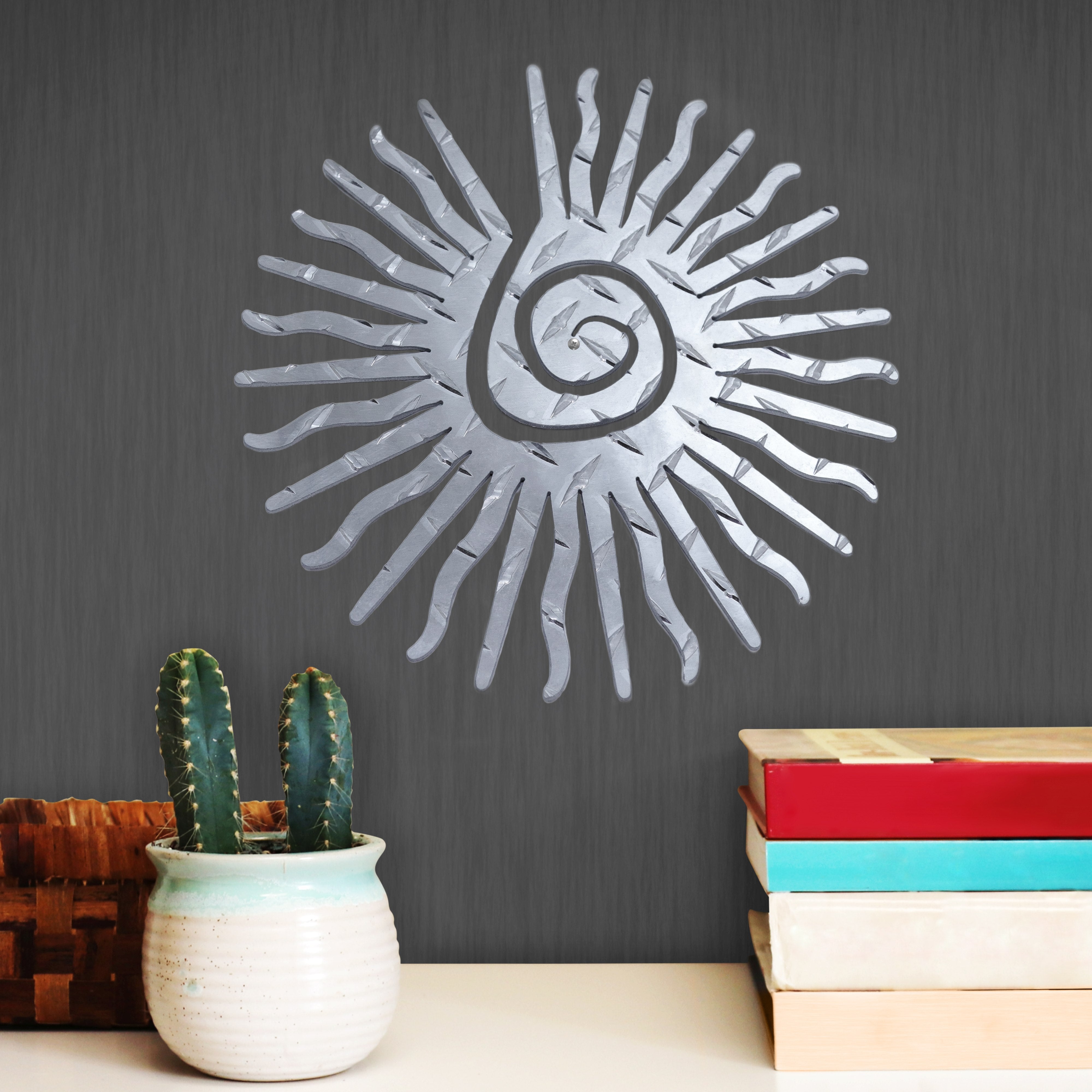 Spiral Sun Hanging Metal Wall Decor Durable Polished Aluminum Diamond Tread Pattern Indoor Outdoor with Mounting Hardware 12 Inches Wide