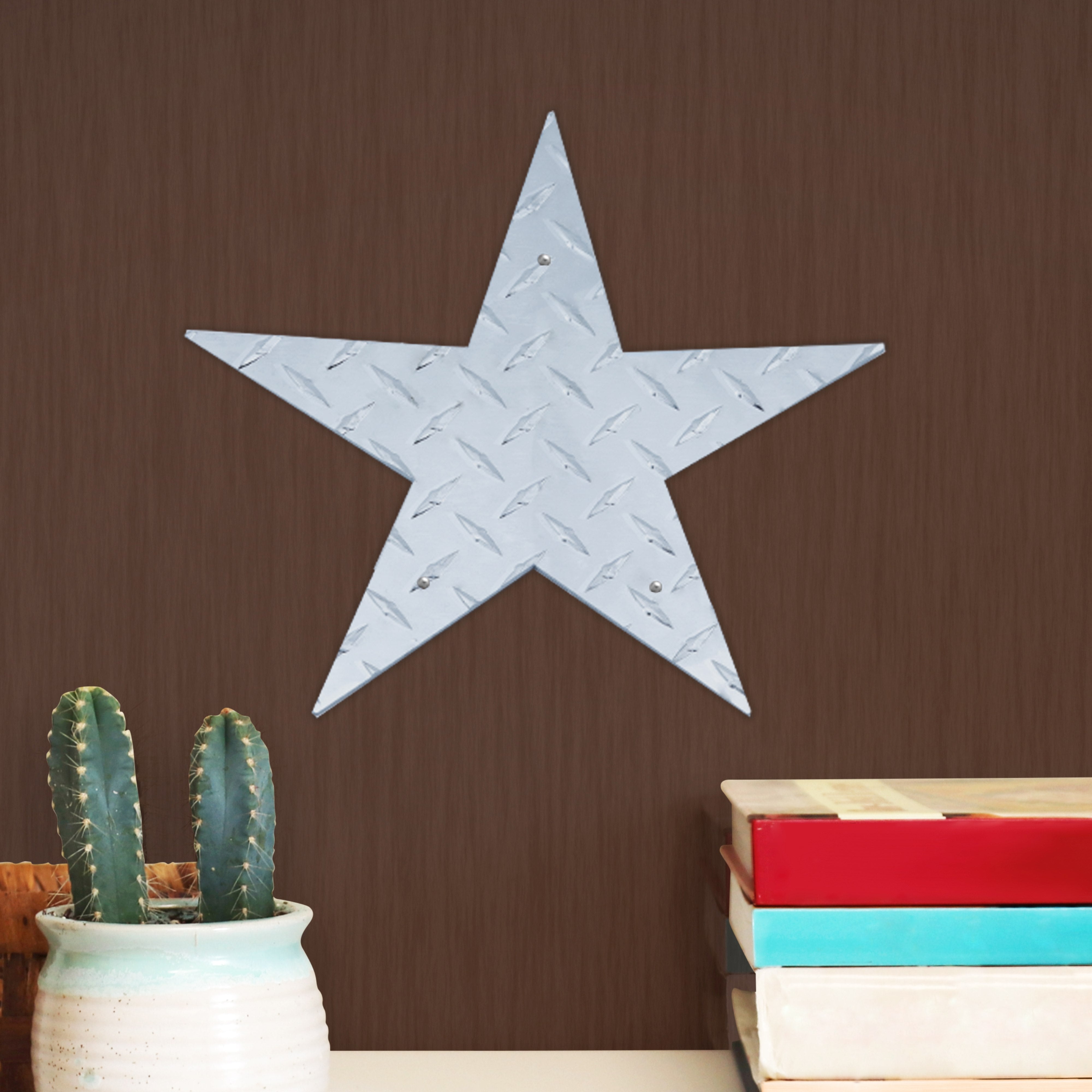 Star Hanging Metal Wall Decor Durable Polished Aluminum Diamond Tread Pattern Indoor Outdoor with Mounting Hardware 12 Inches Tall