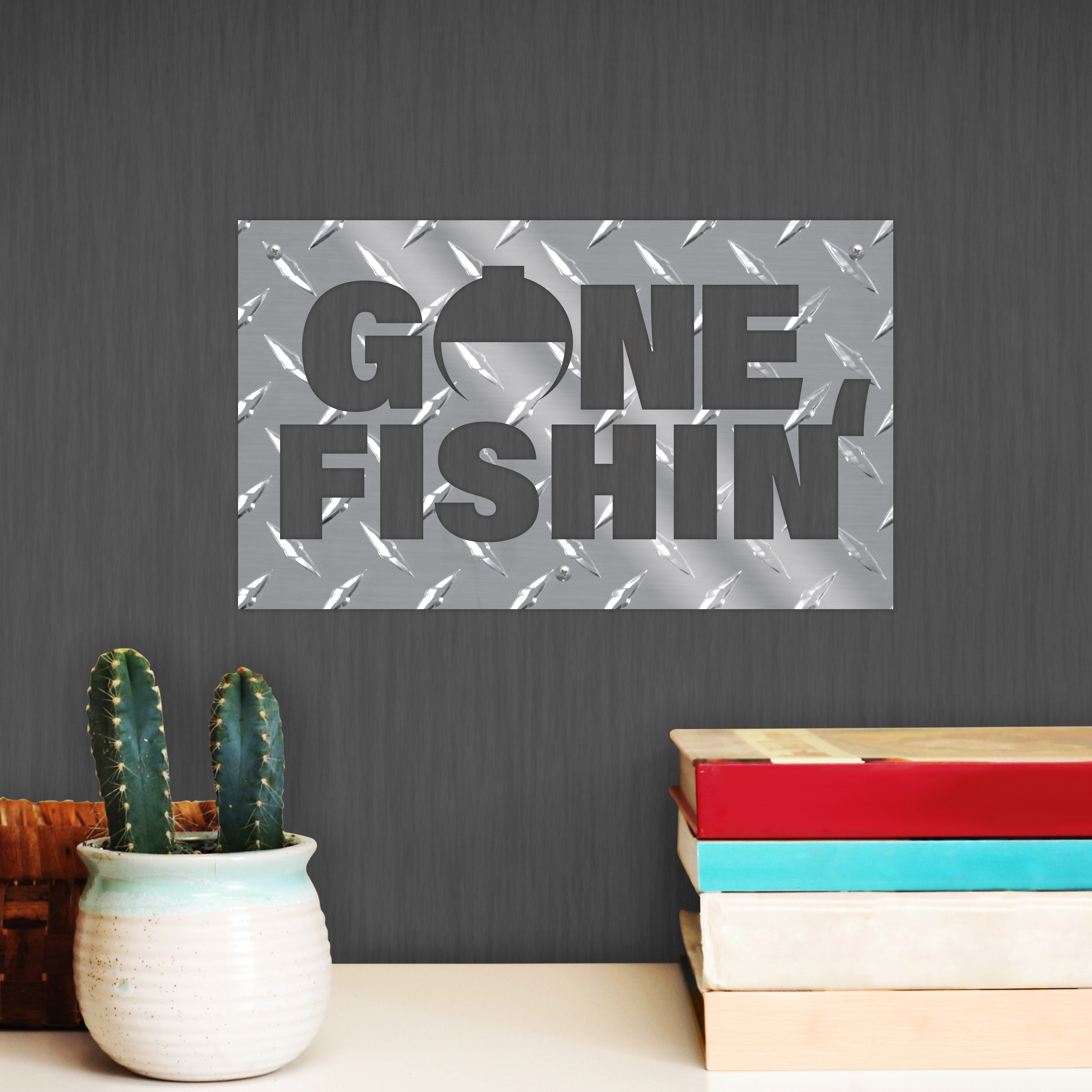Gone Fishin Hanging Metal Wall Decor Durable Polished Aluminum Diamond Tread Pattern Indoor Outdoor with Mounting Hardware 12 Inch