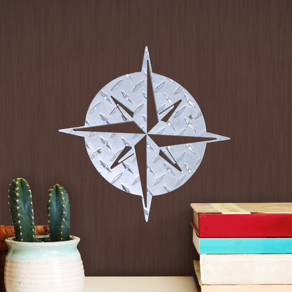 Compass Hanging Metal Wall Decor Durable Polished Aluminum Diamond Tread Pattern Indoor Outdoor with Mounting Hardware 12 Inches Tall