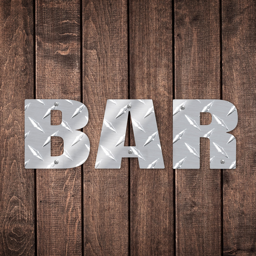Bar Word Sign Metal Wall Decor Durable Polished Aluminum Diamond Tread Pattern Letters Indoor or Outdoor with Mounting Hardware