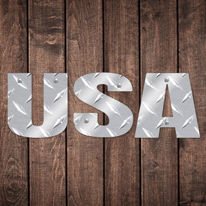 USA Word Sign Metal Wall Decor Durable Polished Aluminum Diamond Tread Pattern Letters Indoor or Outdoor with Mounting Hardware