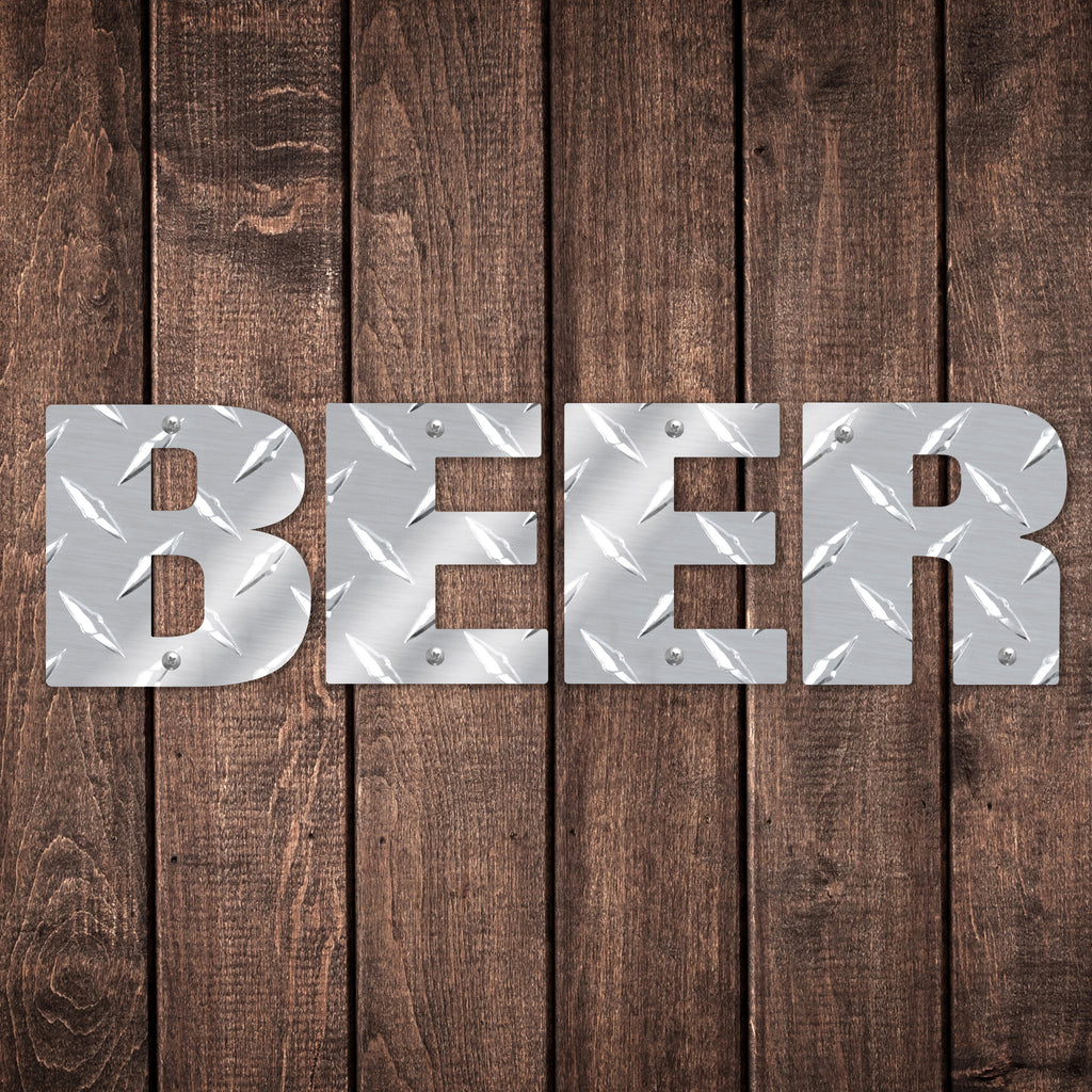 Beer Word Sign Metal Wall Decor Durable Polished Aluminum Diamond Tread Pattern Letters Indoor or Outdoor with Mounting Hardware