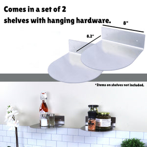 Modern Hanging Brushed Stainless Steel 2 Floating Wall Shelves Round Decor Durable Polished Solid Metal for Home Mounting Hardware 8 Inches Wide